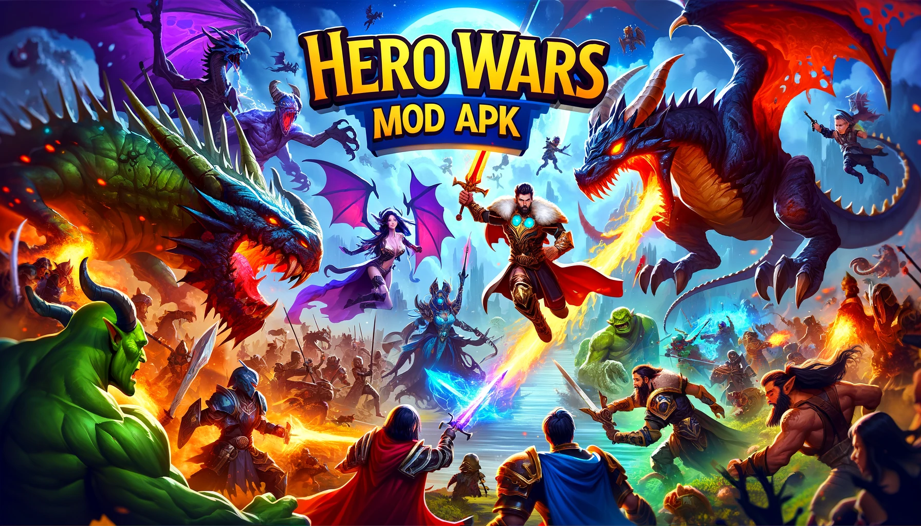 DALL·E 2024 08 18 07.13.23 Create a feature image for a blog post about Hero Wars Mod APK. The image should include a dynamic and action packed scene with diverse heroes battlin